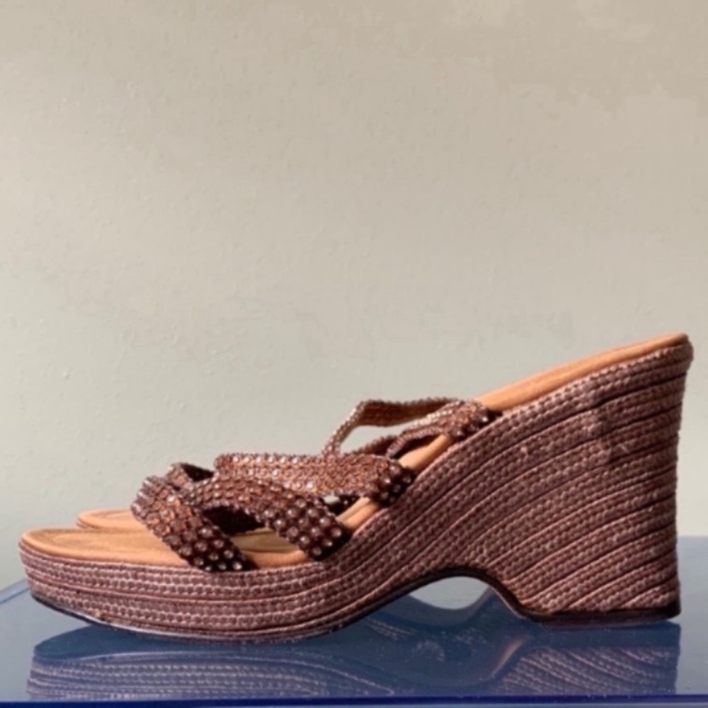 Charles Jourdan Vintage Brown Rhinestone Wedges - Picture 5 of 12